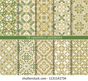 Ten seamless patterns in Oriental style. Eastern ornaments for design fabric, wrapping paper or scrapbooking. Vector illustration in green colors.