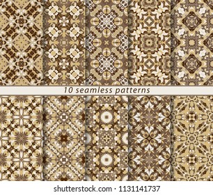 Ten seamless patterns in Oriental style. Eastern ornaments for design fabric, wrapping paper or scrapbooking. Vector illustration in brown colors.