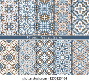 Ten seamless patterns in Oriental style. Eastern ornaments for design fabric, wrapping paper or scrapbooking. Vector illustration in blue and brown colors.