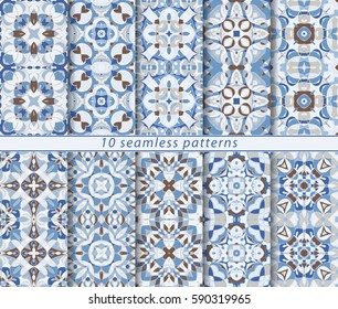 Ten seamless patterns in Oriental style. Eastern ornaments for design fabric, wrapping paper or scrapbooking. Vector illustration in blue and white.