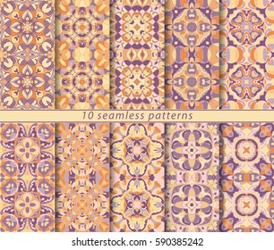 Ten seamless patterns in Oriental style. Eastern ornaments for design fabric, wrapping paper or scrapbooking. Vector illustration in orange colors.
