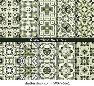 Ten seamless patterns in Oriental style. Eastern ornaments for design fabric, wrapping paper or scrapbooking. Vector illustration in green colors.