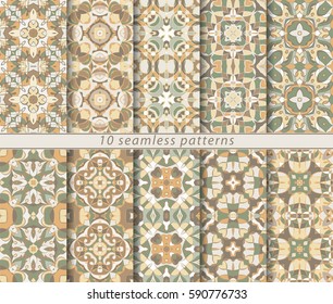 Ten seamless patterns in Oriental style. Eastern ornaments for design fabric, wrapping paper or scrapbooking. Vector illustration in green and orange colors.