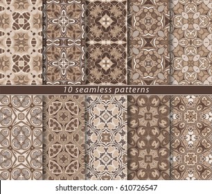 Ten seamless patterns in Oriental style. Eastern ornaments for design fabric, wrapping paper or scrapbooking. Vector illustration in blue and brown colors.