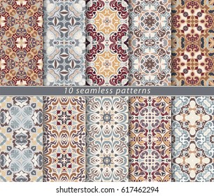 Ten seamless patterns in Oriental style. Eastern ornaments for design fabric, wrapping paper or scrapbooking. Vector illustration in brown and orange colors.