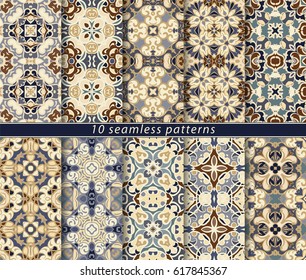 Ten seamless patterns in Oriental style. Eastern ornaments for design fabric, wrapping paper or scrapbooking. Vector illustration in brown colors.
