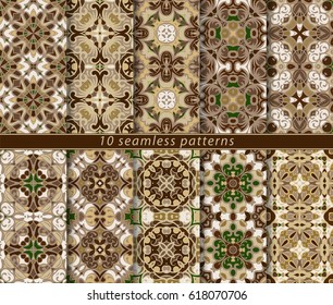 Ten seamless patterns in Oriental style. Eastern ornaments for design fabric, wrapping paper or scrapbooking. Vector illustration in brown colors.