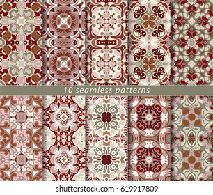 Ten seamless patterns in Oriental style. Eastern ornaments for design fabric, wrapping paper or scrapbooking. Vector illustration in brown and orange colors.