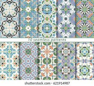 Ten seamless patterns in Oriental style. Eastern ornaments for design fabric, wrapping paper or scrapbooking. Vector illustration in green and orange colors.