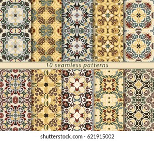 Ten seamless patterns in Oriental style. Eastern ornaments for design fabric, wrapping paper or scrapbooking. Vector illustration in orange colors.