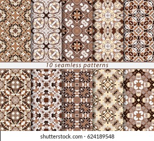 Ten seamless patterns in Oriental style. Eastern ornaments for design fabric, wrapping paper or scrapbooking. Vector illustration in brown colors.