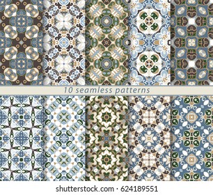 Ten seamless patterns in Oriental style. Eastern ornaments for design fabric, wrapping paper or scrapbooking. Vector illustration in brown and green colors.