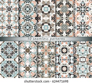 Ten seamless patterns in Oriental style. Eastern ornaments for design fabric, wrapping paper or scrapbooking. Vector illustration in blue and pink colors.