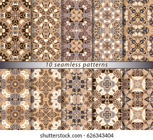 Ten seamless patterns in Oriental style. Eastern ornaments for design fabric, wrapping paper or scrapbooking. Vector illustration in brown colors.