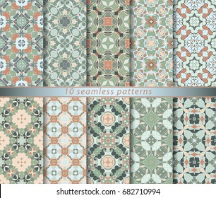Ten seamless patterns in Oriental style. Eastern ornaments for design fabric, wrapping paper or scrapbooking. Vector illustration in orange and green colors.