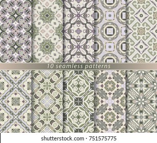 Ten seamless patterns in Oriental style. Eastern ornaments for design fabric, wrapping paper or scrapbooking. Vector illustration in green colors.