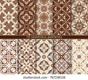 Ten seamless patterns in Oriental style. Eastern ornaments for design fabric, wrapping paper or scrapbooking. Vector illustration in brown colors.