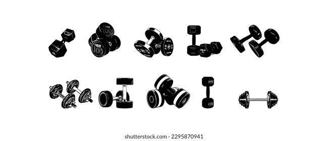 Ten set Dumbbells, Dumbbells Vector, Dumbbells isolated, Gym equipment, Gym equipment isolated, Gym equipment vector, Gym equipment Dumbbells silhouette.
