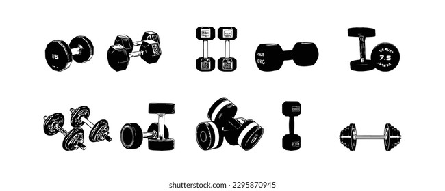 Ten set Dumbbells, Dumbbells Vector, Dumbbells isolated, Gym equipment, Gym equipment isolated, Gym equipment vector, Gym equipment Dumbbells silhouette.
