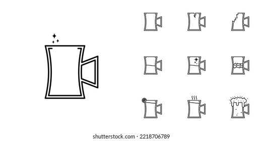 ten sets of beer stein glass line icons. with ice cube, lemon, hot water, cold water, soda and foam. simple, line, silhouette and clean style. black and white. suitable for symbol, sign, icon or logo