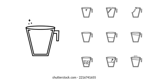 ten sets of cup glass line icons. with a cold water, hot water and ice cube. simple, line, silhouette and clean style. black and white. suitable for symbols, signs, icons or logos