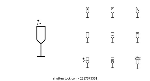 ten sets of flute glass line icons. with ice cube, soda, foam and cold water. simple, line, silhouette and clean style. black and white. suitable for symbols, signs, icons or logos