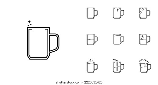 ten sets of glass mug line icons. with straw, cold water, hot water, soda and foam. simple, line, silhouette and clean style. black and white. suitable for symbols, signs, icons or logos