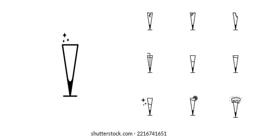 ten sets of glassware or champagne glass line icons. with straw, lemon, cold water, soda and foam. simple, line, silhouette and clean style. black and white. suitable for symbol, sign, icon or logo