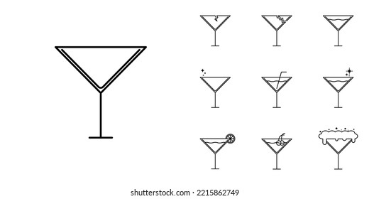 Ten Sets Of Martini Cocktail Glass Line Icons. With Straw, Lemon, Cherry, Cold Water, Soda And Foam. Simple, Line, Silhouette And Clean Style. Black And White. Suitable For Symbol, Sign, Icon Or Logo