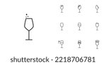 ten sets of white wine glass line icons. with ice cube, soda, foam and cold water. simple, line, silhouette and clean style. black and white. suitable for symbols, signs, icons or logos