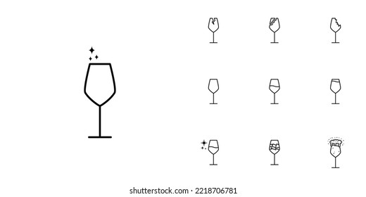 ten sets of white wine glass line icons. with ice cube, soda, foam and cold water. simple, line, silhouette and clean style. black and white. suitable for symbols, signs, icons or logos