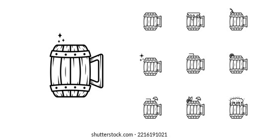 Ten Sets Of Wooden Mug Line Icons. With Straw, Lemon, Cherry, Soda, Foam And Cold Water. Simple, Vintage, Line, Silhouette And Clean Style. Black And White. Suitable For Symbols, Signs, Icons Or Logos