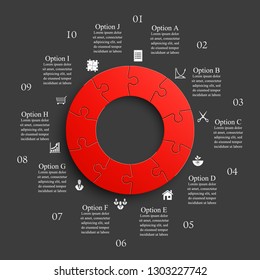 Ten sided 3d round puzzle presentation. Abstract puzzle infographic template explanatory text business statistic. Vector 10 pieces puzzles illustration. Section ten circle compare service banner