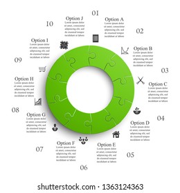 Ten sided 3d round puzzle presentation. Abstract puzzle infographic template explanatory text business statistic. Vector 10 pieces puzzles illustration. Section ten circle compare service banner