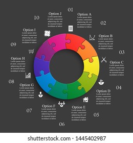 Ten sided 3d round puzzle presentation. Abstract puzzle infographic template explanatory text business statistic. Vector 10 pieces puzzles illustration. Section ten circle compare service banner