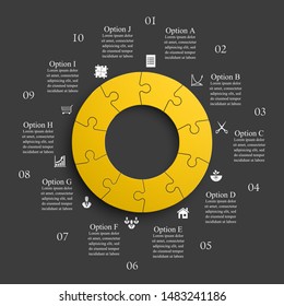 Ten sided 3d round puzzle presentation. Abstract puzzle infographic template explanatory text business statistic. Vector 10 pieces puzzles illustration. Section ten circle compare service banner