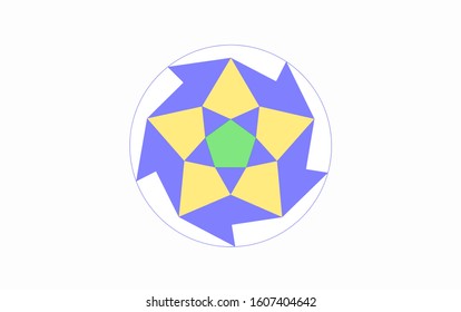 Ten Sided Circular Geometric Polygon, Five Pointed Star Hex Sign in Blue, Yellow  Green