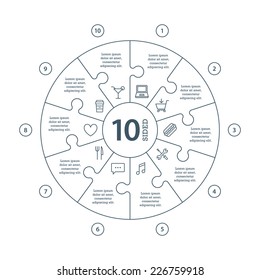 Ten sided, numbered flat line puzzle presentation infographic chart with explanatory text field isolated on white background. Vector graphic template.