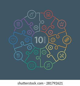 Ten sided, numbered flat rainbow spectrum colored puzzle presentation infographic chart  isolated on dark background. Vector graphic template.