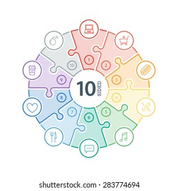 Ten sided, numbered flat rainbow spectrum colored puzzle presentation infographic chart with explanatory text field isolated on white background. Vector graphic template.