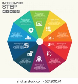 Ten sided, numbered flat rainbow spectrum colored puzzle presentation infographic chart with explanatory text field isolated on white background. Vector graphic template.