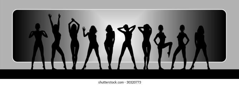 Ten silhouettes of girls on a scene. At all figures different poses. On a distance shot the shined rectangle.