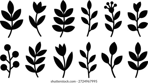 Diez simples íconos de hojas y ramas negras, perfectos para Elementos de diseño rústicos, naturales o botánicos y propósitos decorativos.