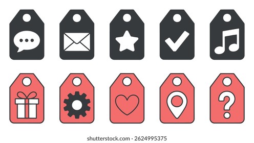 Dez tags de design simples e planas com vários ícones: bate-papo, e-mail, estrela, cheque, nota de música, presente, equipamento, coração, localização e ponto de interrogação.