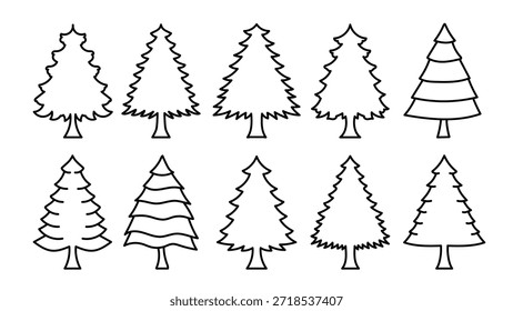 Dez desenhos de linha simples de diferentes formas de pinheiro em um fundo branco.