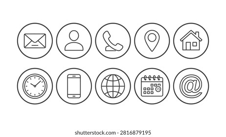 Ten simple line icons showing email person phone location house clock smartphone globe calendar and atsymbol on transparent circles