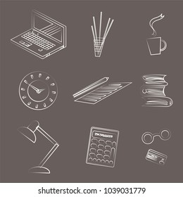Ten sketch images of office supplies - a laptop, a clock, a pencil, a sheet of paper, books, a desk lamp, a calculator, glasses, a credit card and more. Vector set