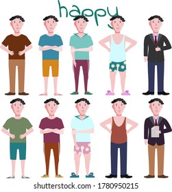 Ten smiling guys in different clothes and poses.