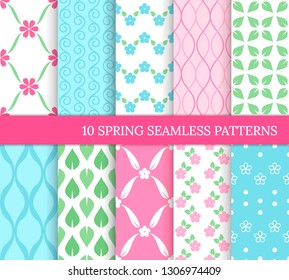 Ten spring seamless patterns. Romantic    backgrounds for wedding, Mother's day. Endless delicate texture for wallpaper, web page, wrapping paper. Retro style. Flowers, leaves, zigzags, waves, swirls
