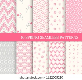 Ten spring seamless patterns. Romantic pink backgrounds for Valentine's or Mother's day. Endless texture for wallpaper, web page, wrapping paper. Retro style. Wave, flower, curl, heart